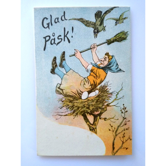 Easter Witch Postcard Fantasy Glad Pask Sitting In Birds Nest On Eggs Sweden - Picture 2 of 3
